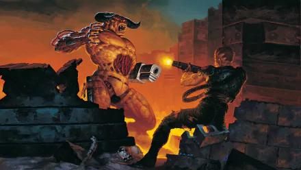 HD PC desktop wallpaper featuring intense combat between a heavily armed space marine and a demon from the video game Doom II: Hell on Earth.