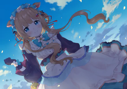 Anime-style virtual YouTuber Eli Conifer with long blonde hair and blue eyes in a maid outfit, set against a bright blue sky in 4K Ultra HD.