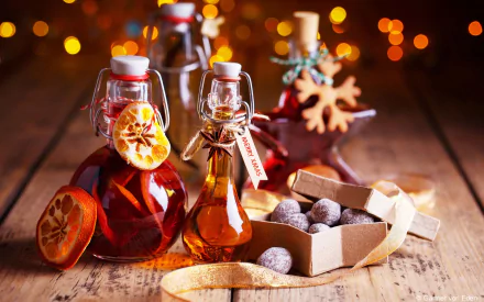 HD desktop wallpaper of Christmas mulled wine in glass bottles with dried citrus, candy and chocolate truffles on a wooden table, warm bokeh lights in the background.