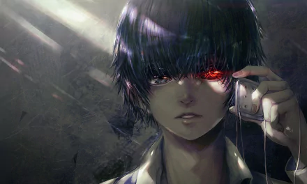 HD PC desktop wallpaper featuring Ken Kaneki from the anime Tokyo Ghoul, showcasing his dark hair and glowing red eye in a dramatic, moody atmosphere.