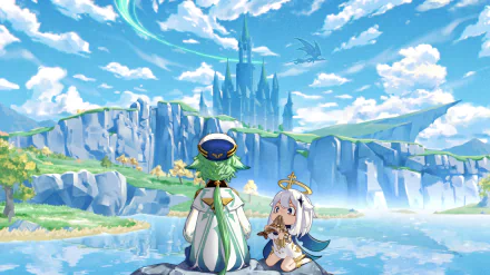 HD wallpaper featuring Paimon and Sucrose from Genshin Impact sitting by a serene lake with Mondstadt in the background, under a bright blue sky with floating islands and a dragon.