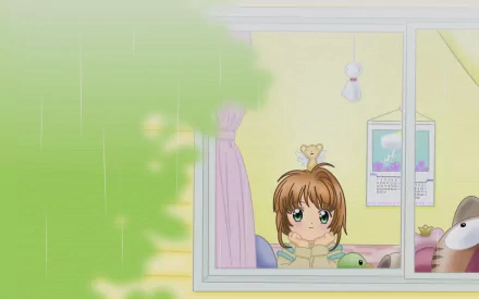 A charming anime scene from Cardcaptor Sakura, featuring Sakura peering out of her window during a rainy day, surrounded by colorful toys and a cozy room atmosphere.
