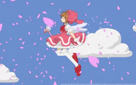 Anime-inspired HD wallpaper from Cardcaptor Sakura, featuring Sakura flying on a cloud amidst falling pink petals, exuding a whimsical and enchanting atmosphere.