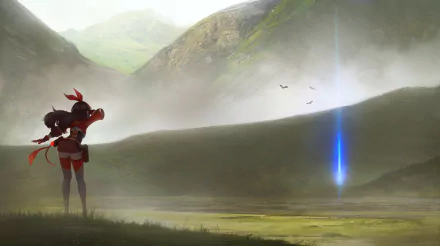 HD desktop wallpaper of Amber from the video game Genshin Impact, standing and overlooking a misty valley with a blue light in the distance and mountains in the background.