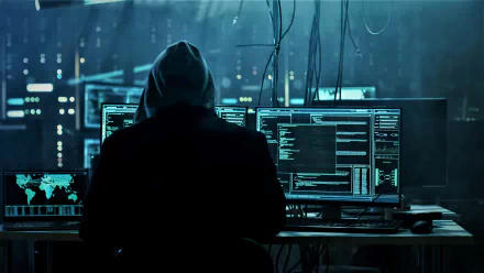 A 4K Ultra HD desktop wallpaper showing an anonymous hacker working on multiple computer screens in a dimly lit, high-tech environment.