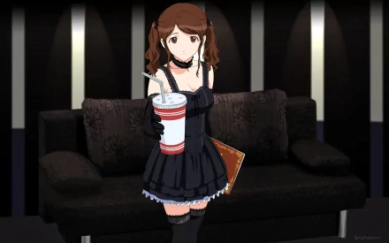 Anime-style HD PC desktop wallpaper featuring a character from Amagami holding a drink and a book, standing in front of a dark couch with spotlight accents.