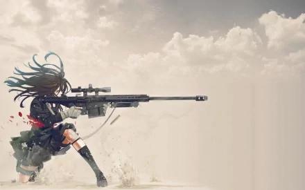 Original anime HD PC desktop wallpaper and background: lone sniper girl with flowing dark hair kneels and aims a long rifle, wind and debris swirling beneath a cloudy sky.