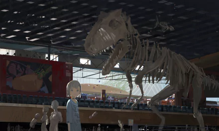 Anime-style HD desktop wallpaper featuring a dinosaur skeleton in a museum setting with anime characters observing the exhibit.