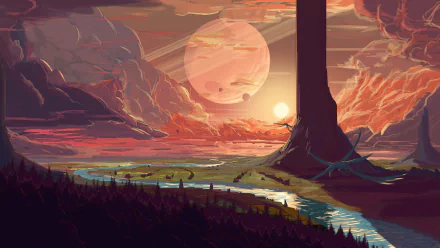 HD desktop wallpaper of a fantasy landscape with a dragon flying by a river, under a sky with massive planets and a sunset.