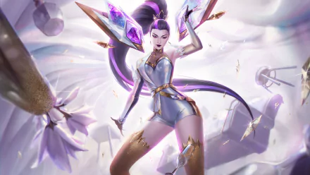 8K Ultra HD wallpaper featuring Kai'Sa from League of Legends' K/DA, showcasing her striking purple eyes in a dynamic K-pop inspired pose.