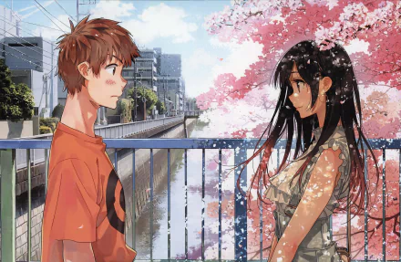 Anime characters Chizuru Ichinose and Kazuya Kinoshita from Rent-A-Girlfriend stand under cherry blossoms, gazing at each other, in this HD desktop wallpaper background.