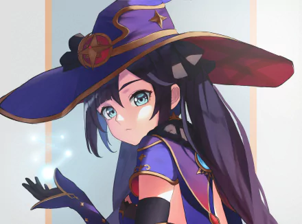 HD desktop wallpaper featuring Mona, a character from the video game Genshin Impact, wearing her signature purple outfit and hat, with a determined expression and magical aura.