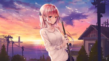 A high-definition wallpaper featuring Tsukasa Yuzaki from TONIKAWA: Over the Moon For You, set against a beautiful sunset backdrop with a house and power lines in the distance.