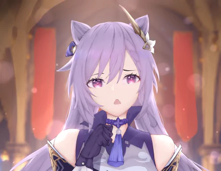 HD PC desktop wallpaper featuring Keqing, a character from the video game Genshin Impact, with her signature purple hair and outfit in a detailed fantasy setting.