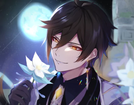 HD desktop wallpaper featuring Zhongli from the video game Genshin Impact, holding a white flower with a serene expression under the moonlight.