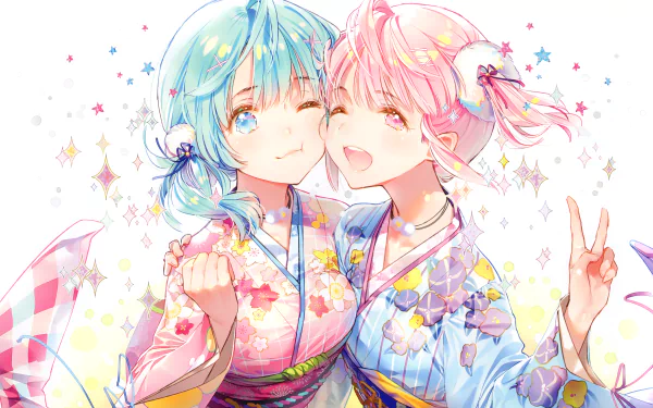 Anime-style 4K Ultra HD wallpaper featuring two original characters in colorful yukatas with blue and pink hair and eyes, surrounded by sparkling stars.