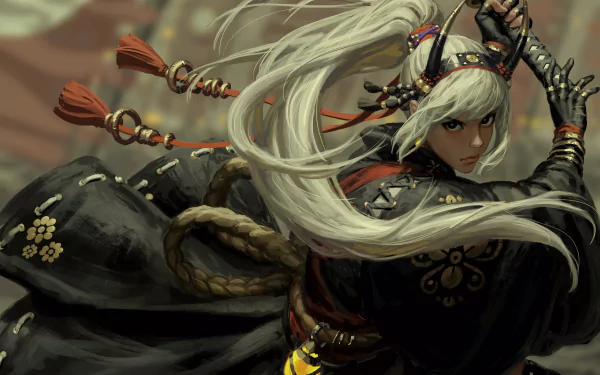 A white-haired woman warrior with a long ponytail, dressed in intricate fantasy armor, captured in a dynamic pose in this 4K Ultra HD PC desktop wallpaper.