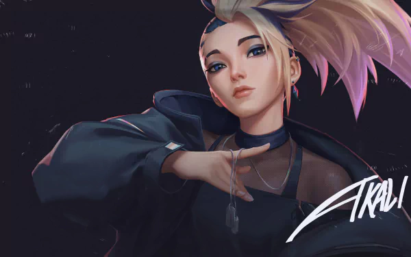4K Ultra HD PC desktop wallpaper featuring Akali from League of Legends, showcasing her with a confident pose and dynamic hairstyle against a dark background.