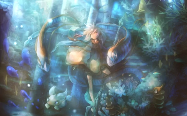 HD anime desktop wallpaper depicting an underwater scene with a central character surrounded by fish and aquatic plants, bathed in soft blue light.