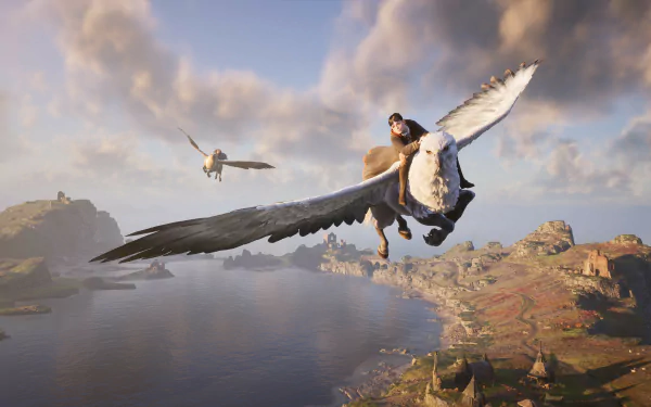 4K Ultra HD Hogwarts Legacy PC wallpaper showing a character flying on a large owl over a scenic landscape with a castle in the distance under a cloudy sky.