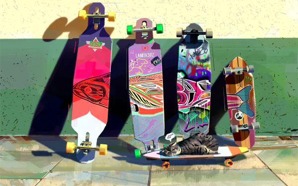 HD anime-style desktop wallpaper featuring four colorful skateboards lined up against a wall, with a relaxed anime cat lying on the skateboard on the far right.