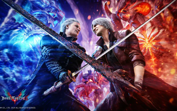 HD PC desktop wallpaper featuring Vergil and Dante from Devil May Cry 5, showcasing intense action and supernatural energy in a vivid video game scene.