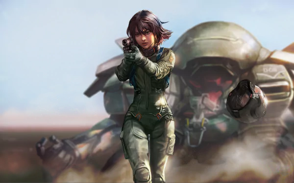 Futuristic woman warrior in sleek armor aiming forward, set against a sci-fi battlefield with a giant armored mech, rendered in 4K Ultra HD for PC desktop.