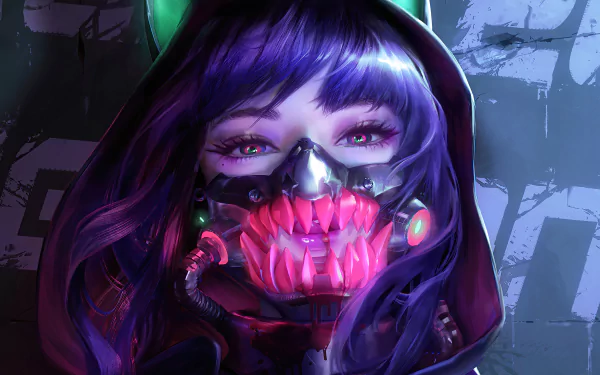 A stunning Sci-Fi cyberpunk-themed HD desktop wallpaper featuring a mysterious character with purple hair and a glowing, futuristic mask.