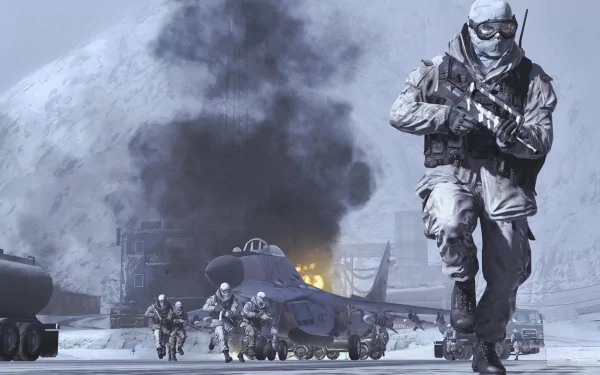 A dynamic HD desktop wallpaper featuring soldiers in tactical gear advancing through a snowy battlefield, with a fighter jet and explosions in the background, inspired by Call of Duty.