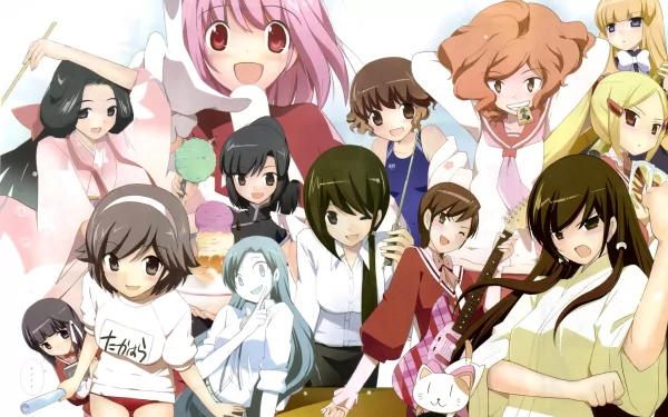 A vibrant HD desktop wallpaper featuring a collage of characters from the anime The World God Only Knows, showcasing their distinct personalities and expressions.
