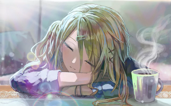 HD anime desktop wallpaper featuring Mei Izumi from The iDOLM@STER: Shiny Colors, peacefully resting her head on folded arms beside a steaming cup.