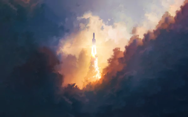 A stunning HD desktop wallpaper featuring the Ariane 5 rocket ascending through a dramatic sky filled with clouds and vibrant light.