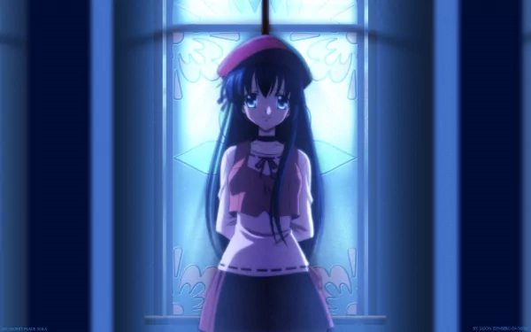 Anime Sola HD PC desktop wallpaper background — long-haired girl in a beret and dress stands before a glowing blue stained-glass window.