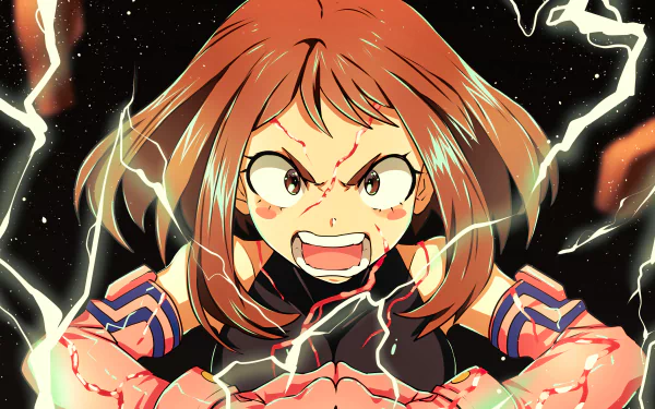 HD image of Ochaco Uraraka from My Hero Academia, showing her in a dynamic and intense pose with electricity crackling around her. This anime wallpaper captures her fierce determination.