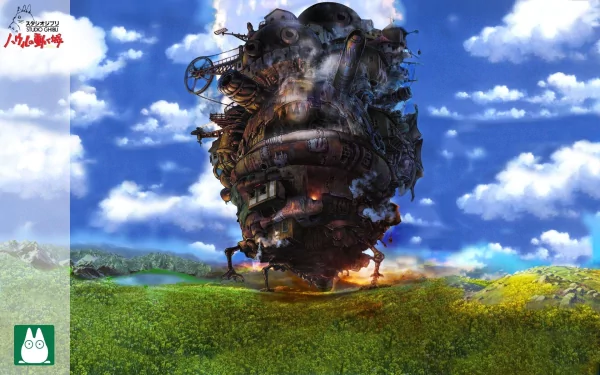 HD anime desktop wallpaper featuring Howl's Moving Castle soaring above a vibrant green field under a bright blue sky with fluffy clouds.