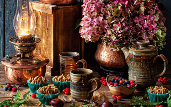 dessert hydrangea kettle lamp berry flower photography still life HD Desktop Wallpaper | Background Image