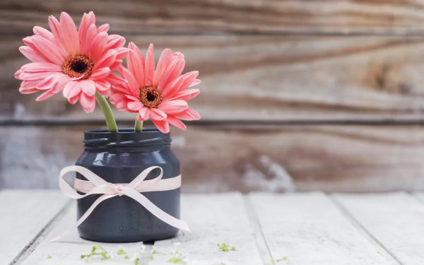 Pink gerbera flowers arranged in a ribbon-tied man-made vase on a white tabletop with a rustic wood backdrop — 2K Quad HD PC desktop wallpaper background.