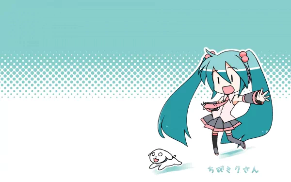 Chibi Hachune Miku with a playful puppy on a light blue halftone background, styled as an HD anime Vocaloid PC wallpaper.