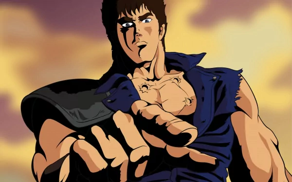 HD anime desktop wallpaper featuring a dramatic close-up of Kenshiro from Hokuto no Ken (Fist of the North Star) with a dynamic, intense background.