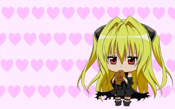 Chibi Golden Darkness from the anime To Love-Ru stands against a soft pink heart background, holding a small creature, creating a charming and whimsical wallpaper.