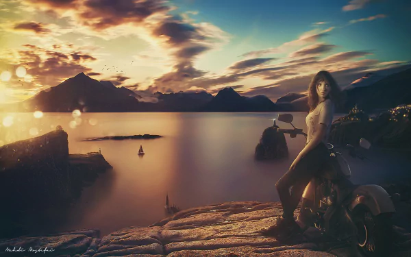 landscape sunset woman Girls & Motorcycles HD Desktop Wallpaper | Background Image