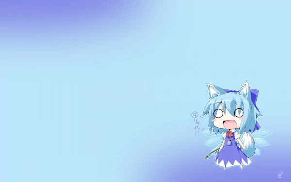 HD anime desktop wallpaper featuring Cirno from Touhou with a light blue gradient background and her iconic blue dress and icy wings.