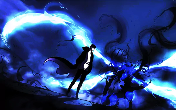 HD PC desktop wallpaper featuring Sung Jin-Woo and Beru from the anime Solo Leveling, with vivid blue energy and dark shadows creating a dynamic, intense scene.