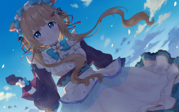 Anime-style virtual YouTuber Eli Conifer with long blonde hair and blue eyes in a maid outfit, set against a bright blue sky in 4K Ultra HD.