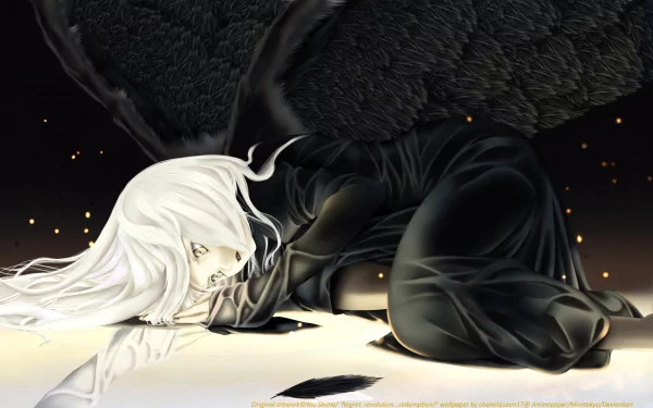 HD desktop wallpaper featuring an anime angel with white hair and black wings, lying down in a dark, reflective environment.