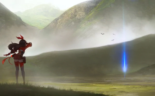 HD desktop wallpaper of Amber from the video game Genshin Impact, standing and overlooking a misty valley with a blue light in the distance and mountains in the background.
