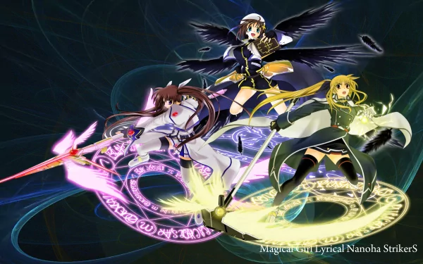 HD PC desktop wallpaper featuring vibrant anime characters from Magical Girl Lyrical Nanoha Strikers, showcasing dynamic poses and magical effects in a dark, mystical setting.