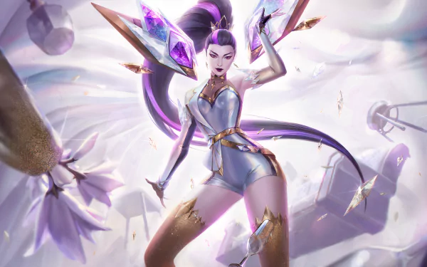 8K Ultra HD wallpaper featuring Kai'Sa from League of Legends' K/DA, showcasing her striking purple eyes in a dynamic K-pop inspired pose.