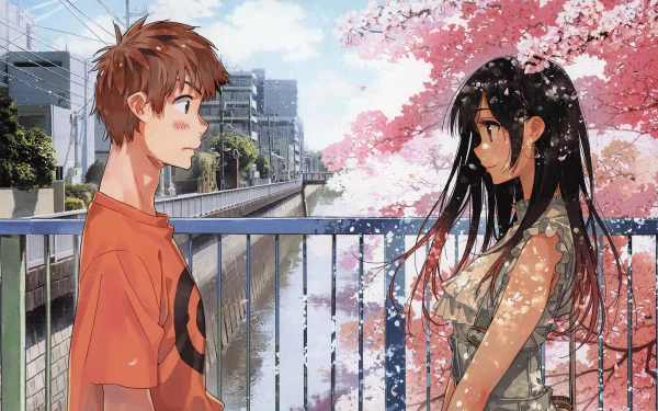 Anime characters Chizuru Ichinose and Kazuya Kinoshita from Rent-A-Girlfriend stand under cherry blossoms, gazing at each other, in this HD desktop wallpaper background.