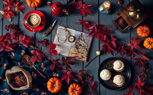 Food Still Life Leaf Branch Style Coffee Book Cake Coffee Beans Berry Pumpkin Grinder HD Wallpaper | Background Image